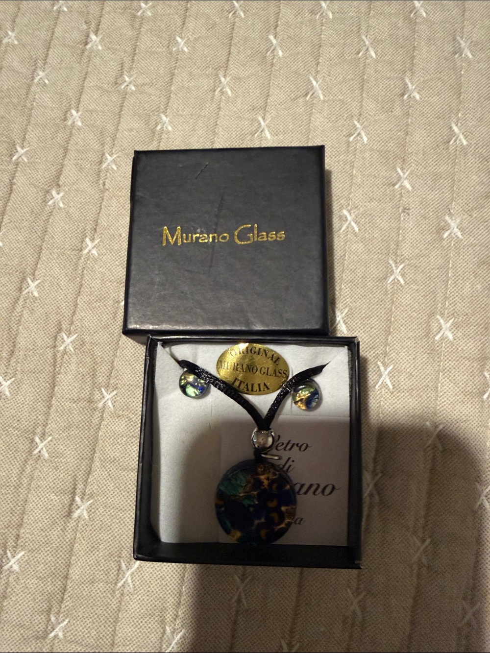 Murano Blue Green Gold Round Glass Necklace with Matching Stud Earrings
